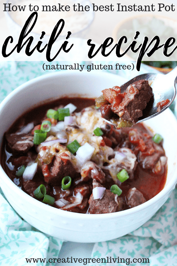 This healthy instant pot chili recipe is easy to make. Get a hearty beef chili by using stew meat instead of ground beef for the best taste and texture. This recipe is naturally gluten free and only has 7 weight watchers point in one hearty serving.  #creativegreenliving #creativegreenkitchen #chili #chilirecipes #instantpot #chilicookoff #chiliconcarne #glutenfree #freefrombad #wildharvest