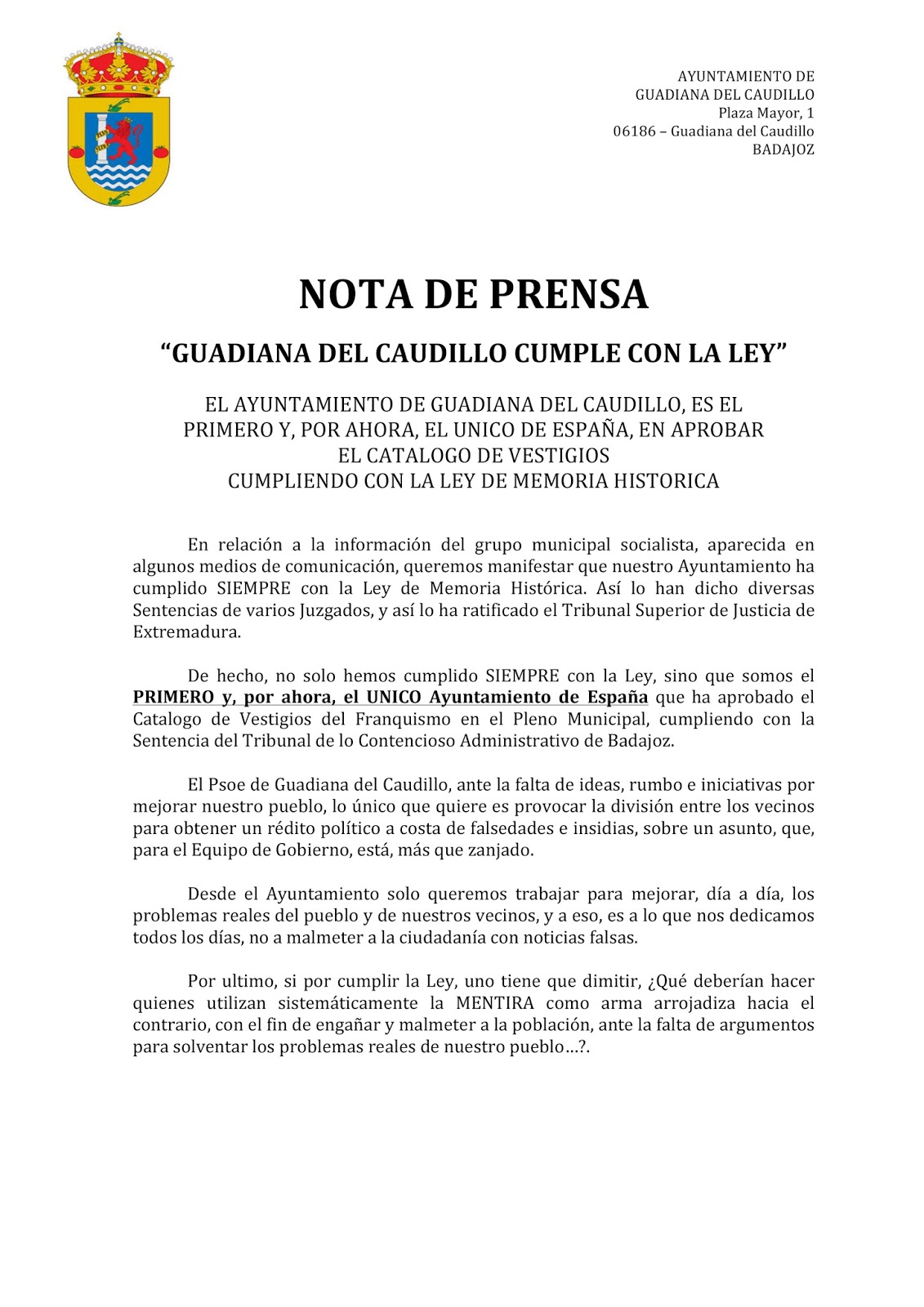 Nota de Prensa del Ayuntamiento de Guadiana del Caudillo - Ayuntamiento