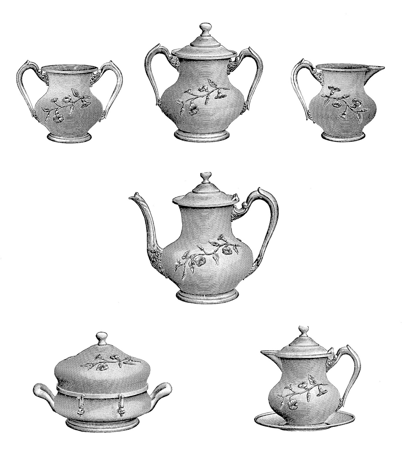 Antique Silver Teapot Illustration Collage Sheets Tea Set Kitchen Clip Art