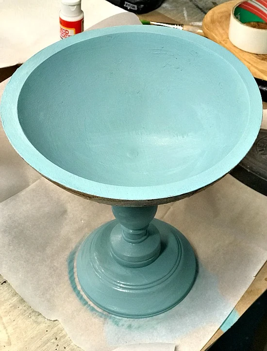 Spring blue decoupaged wooden pedestal bowl