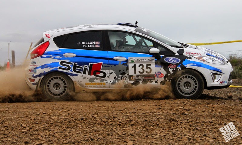 Ford Fiesta rally car rounds a corner at Oregon Trail Rally