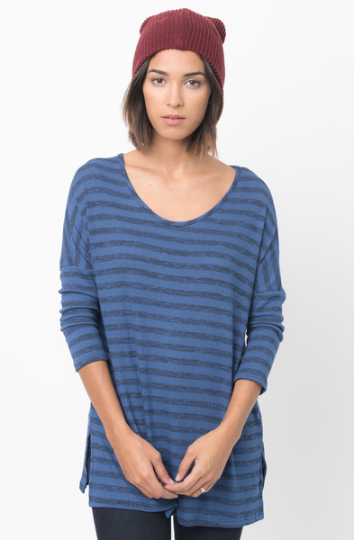 Shop for Navy blue Striped long sleeve pullover crew neck Tunic Online - $38 - on caralase.com