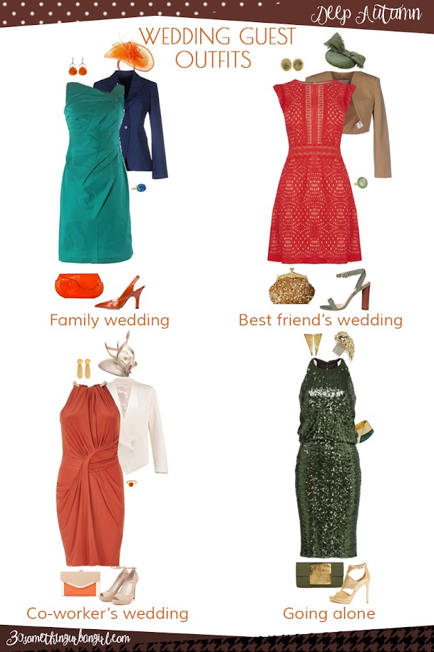 Wedding guest outfit ideas for Deep Autumn women by 30somethingurbangirl.com // Are you invited to a family, your best friend's or your co-worker's wedding, maybe going solo to a nuptials? Find pretty outfit ideas and look fabulous!