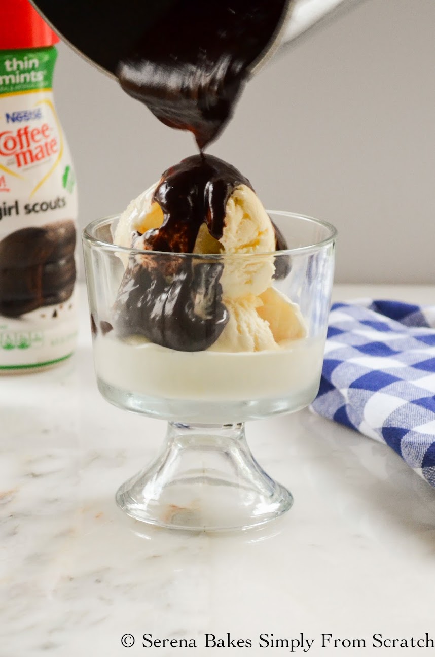 Coffee-mate Girl Scouts Thin Mint Flavored Hot Fudge Sauce over Ice Cream #CMSmartCookie