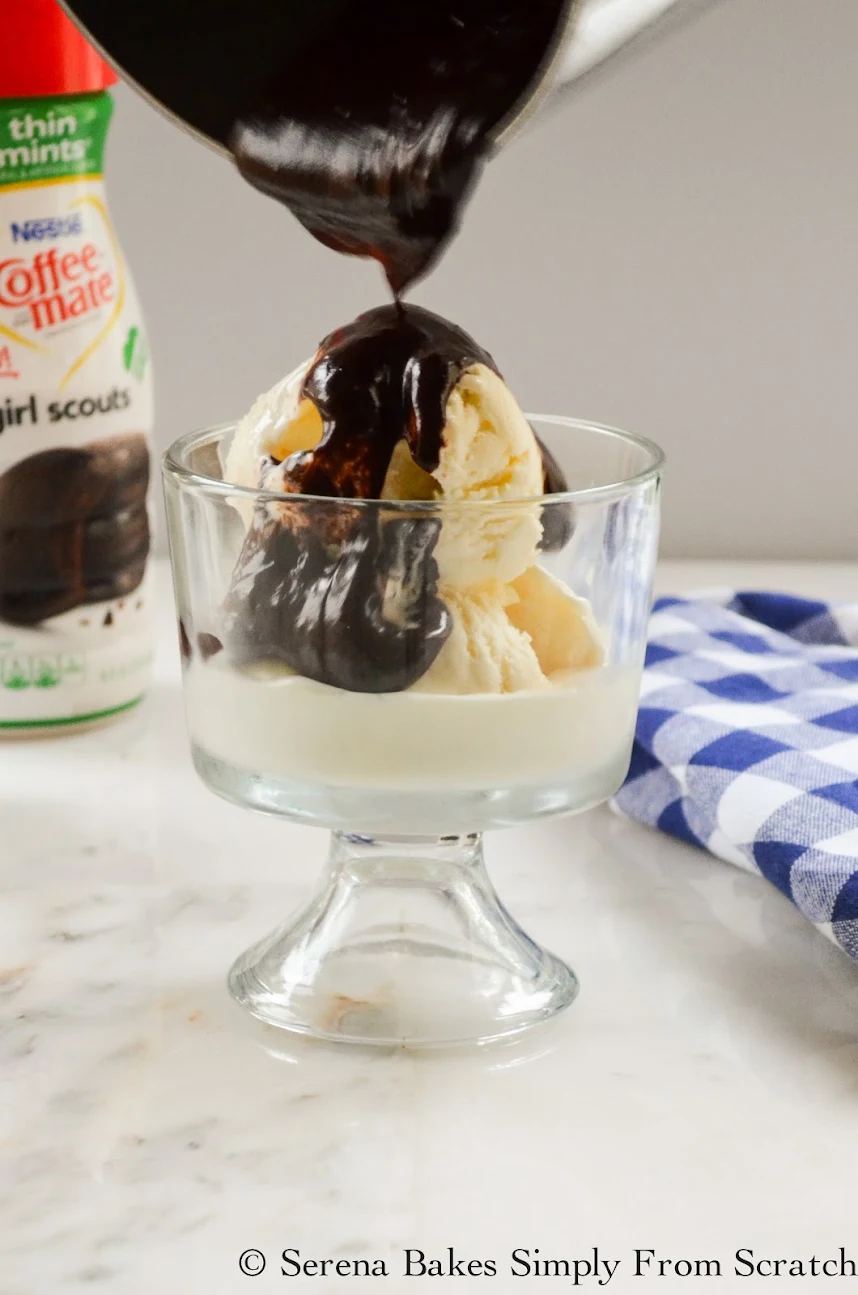 Coffee-mate Girl Scouts Thin Mint Flavored Hot Fudge Sauce over Ice Cream #CMSmartCookie
