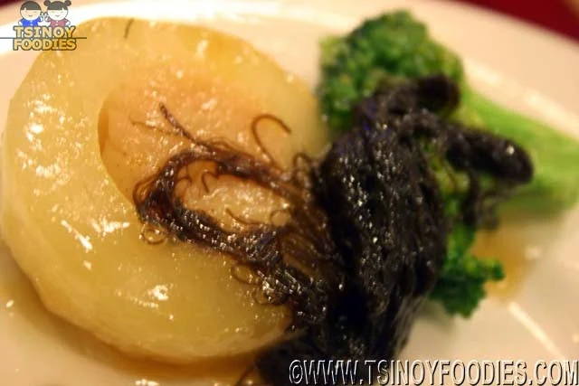 scallop with black moss hair and brocolli