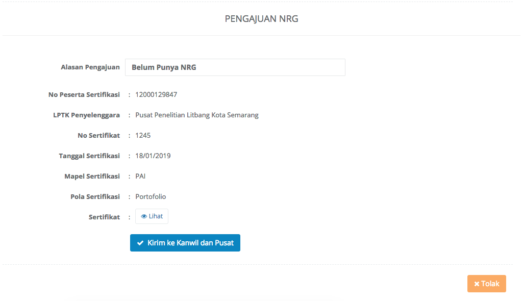NRG tinggal klik Kirim ke kanwil dan Pusat