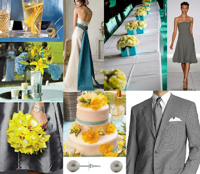 Turquoise yellow and gray wedding inspiration board and invitation from