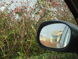 A view out of the passenger door with different reflection in the wing mirror