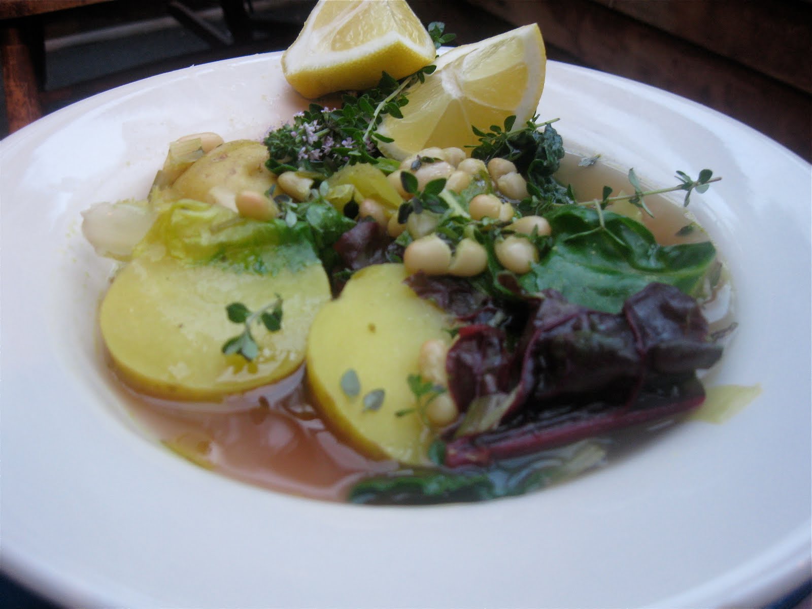 Dandelion Vegan Blog White Bean & Potato Broth w/ Mixed Greens, Thyme