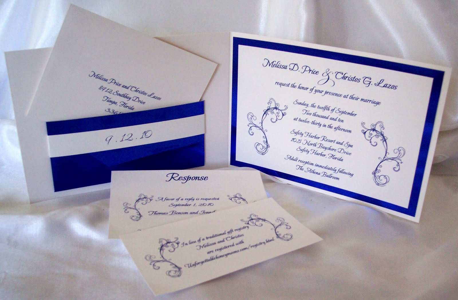 Designs by Ginny Custom royal blue metallic pocketfold wedding invitation