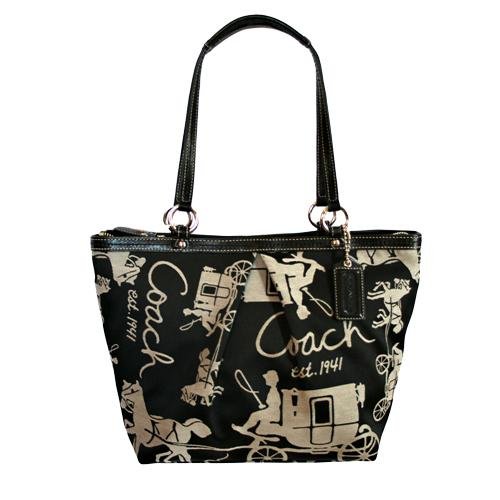 black coach saddle bag with horse and carriage