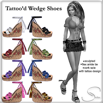 Sculpted high wedge shoes with heart/skull tattoos on the cork heel & a cute 