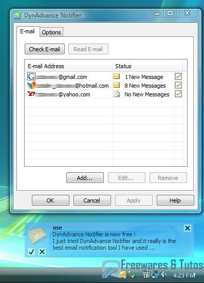 DynAdvance Notifier : un logiciel gratuit pour être averti des nouveaux mails de sa messagerie