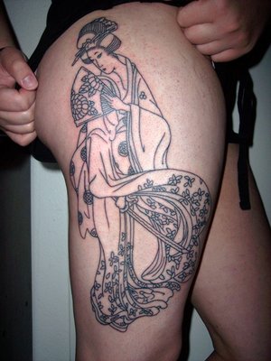 Female Thigh Tattoo With Japanese Geisha Tattoo Design
