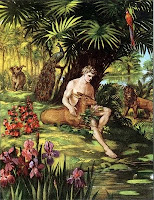 Adam at peace with nature and animals in the garden of Eden