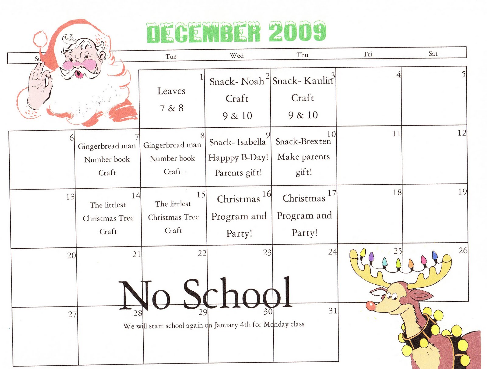 Starting Line Preschool December Calendar