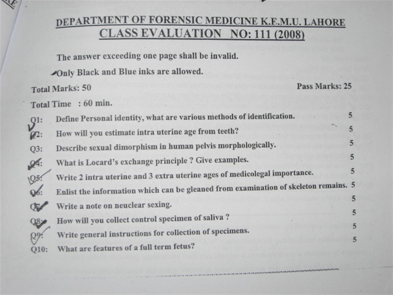 Class Tests 3rd Yr Forensic Medicine