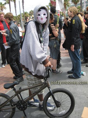 Costumed character with bicycle - Photo by San Diego video producer Patty Mooney of Crystal Pyramid Productions