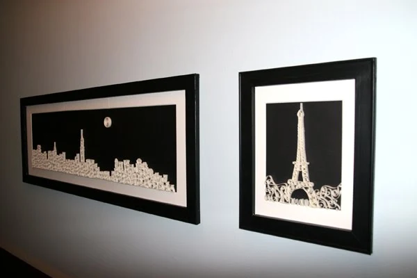 framed and quilled nyc skyline and eiffel tower