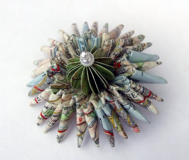 upcycled map origami brooch with pearl center