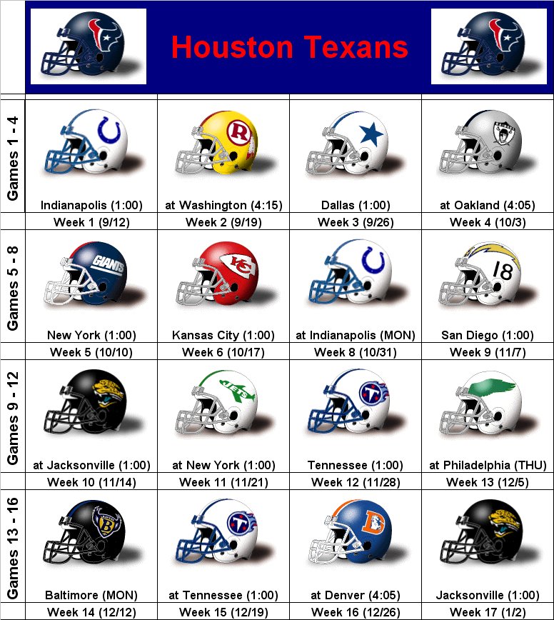2010 Houston Texans Printable Schedule