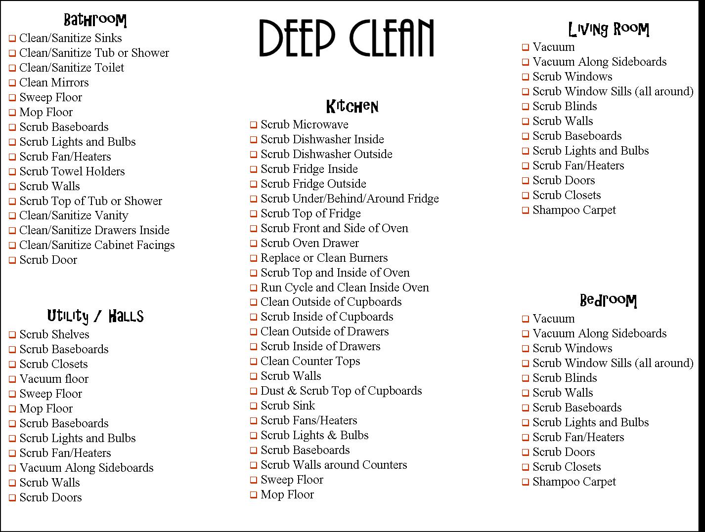 Deep house cleaning checklist