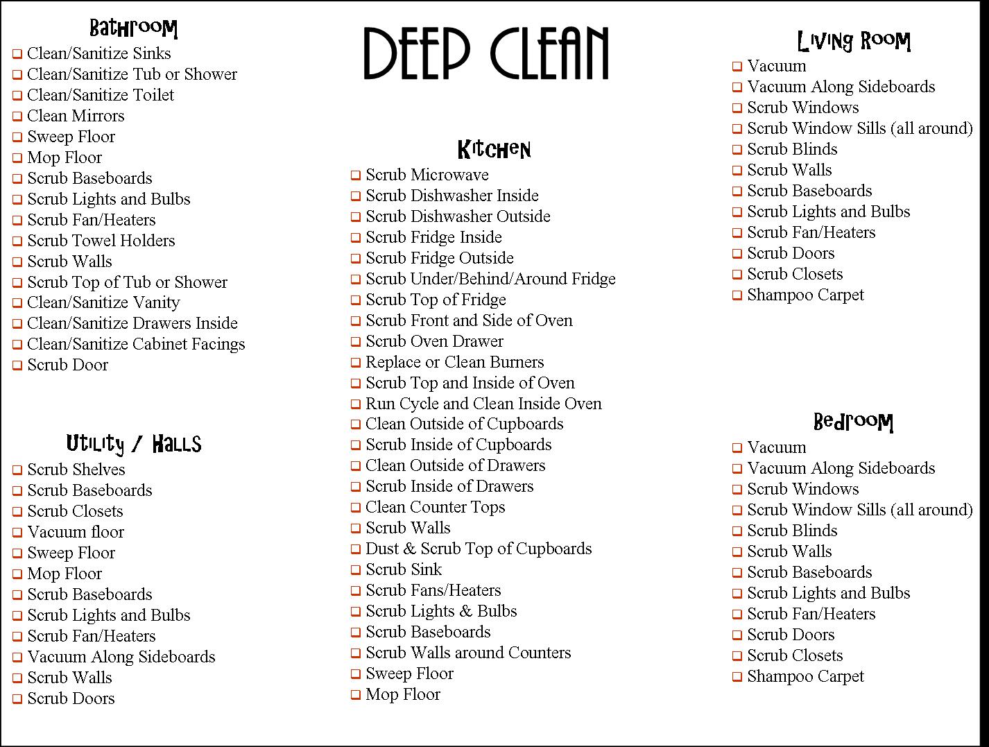 Cleaning House Deep House Cleaning Checklist