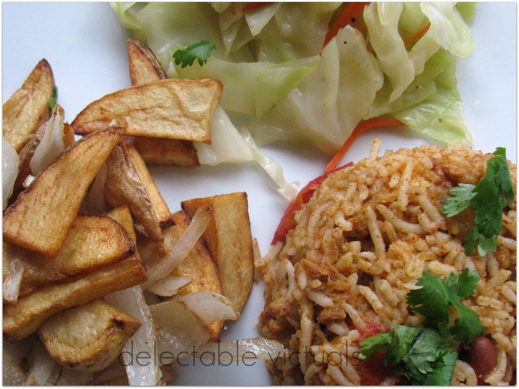 Delectable Victuals Beans and Rice, Potatoes, and Steamed Cabbage