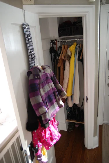 small coat closet organization, coat closet makeover, entryway closet makeover, small closet organization ideas