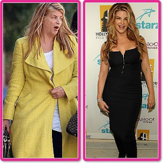 Actress Kirstie Alley before and after gain slim at star trek event in black dress and fat in yellow dress hot picture