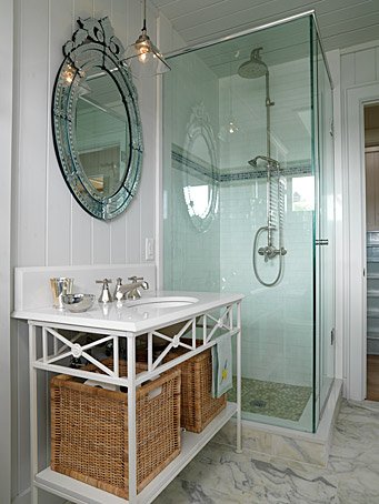 Glass shower surround and vanity with Venetian mirror above