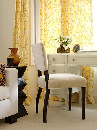 Neutral decor in office by Sarah Richardson with yellow accents