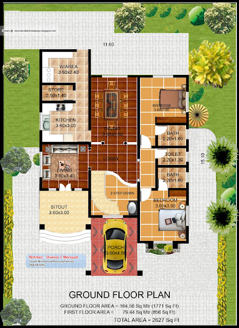 Kerala Villa Plan - 2627 sq ft - Ground Floor