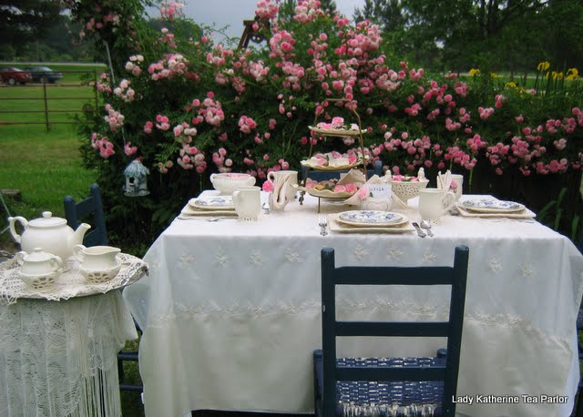 TOUCHES OF BLUE ROSES IN A PINK GARDEN TEA Lady Katherine Tea Parlor