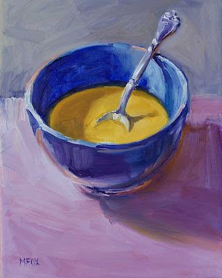 Bowl of Soup & Sterling Silver Spoon:8 x 10 small oil painting, food kitchen daily art still life Marie Fox