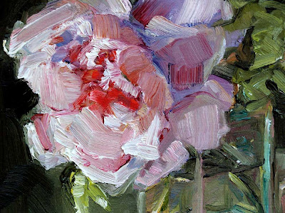 Glass Vase of Pink Roses & Flower Clippers, still life oil painting 11 x 14, rose cutters