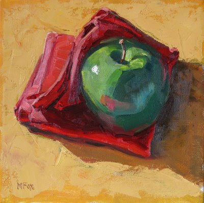 Green Apple & Red Napkin: Small square daily oil painting of fruit, green and red