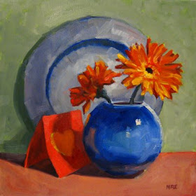 Valentine Flowers: Square oil painting still life of Gerber daisies, heat, blue glass vase, colorful orange & blue