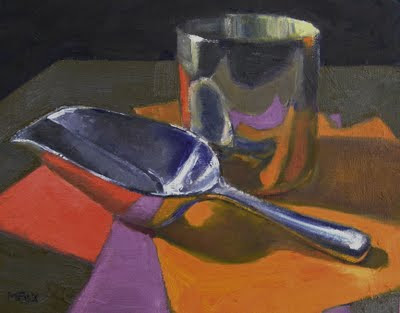 Marie Fox oil painting of kitchen silver flour scoop as daily painting