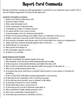 Report Card Comments 4th Grade