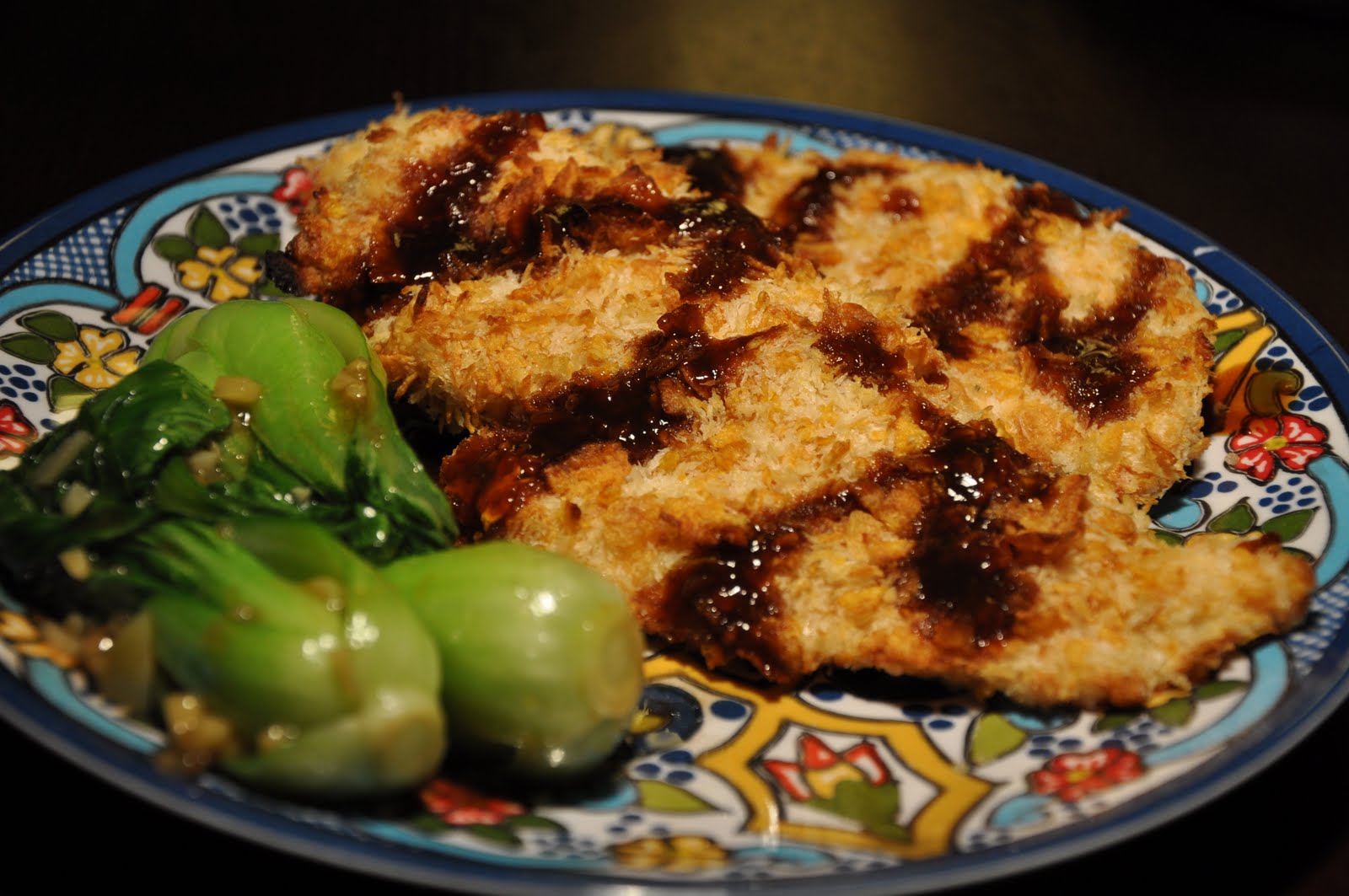 Slice of Rice Cornflake Chicken Katsu with Tonkatsu Dipping Sauce