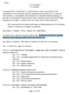 Page 1 of Sen. Harry Reid's proposed 'Prohibition of Internet Gaming, Internet Poker Regulation and UIGEA Enforcement Act'