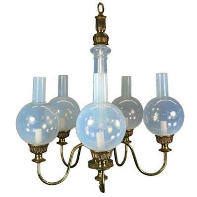 clear Murano glass chandelier with cobalt drops and cobalt silk shades.