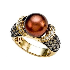 Pearl Ring with Chocolate Diamonds in 14k Yellow Gold | JEWELRY FOR SALE