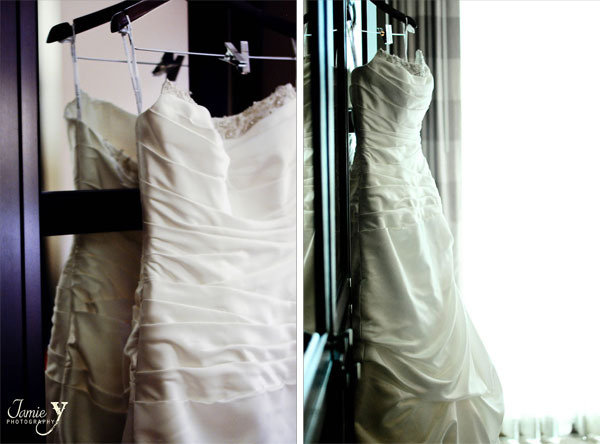Detail shot of wedding dress hanging in room at Mandalay Bay Las Vegas