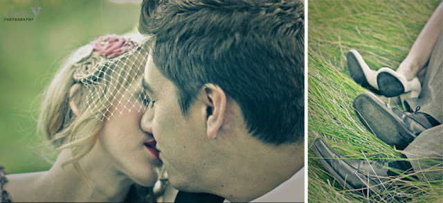 Kissing couple and shoes in the grass for an engagement photo session taken in las vegas at red rock