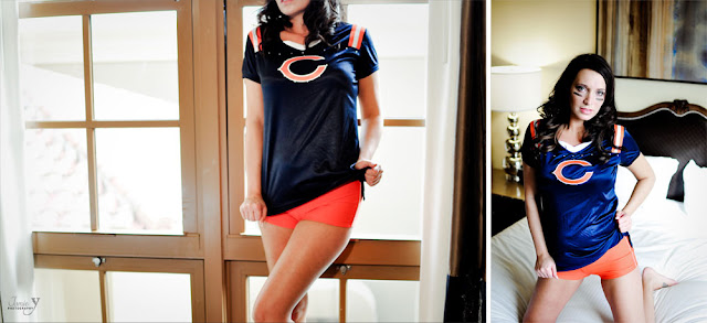 Boudoir shoot with girl wearing chicago bears jersey in hotel room at green valley ranch in las vegas