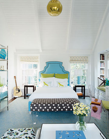 turquoise head board upholstered sally markham bedroom polka dot bench bedroom aqua white green