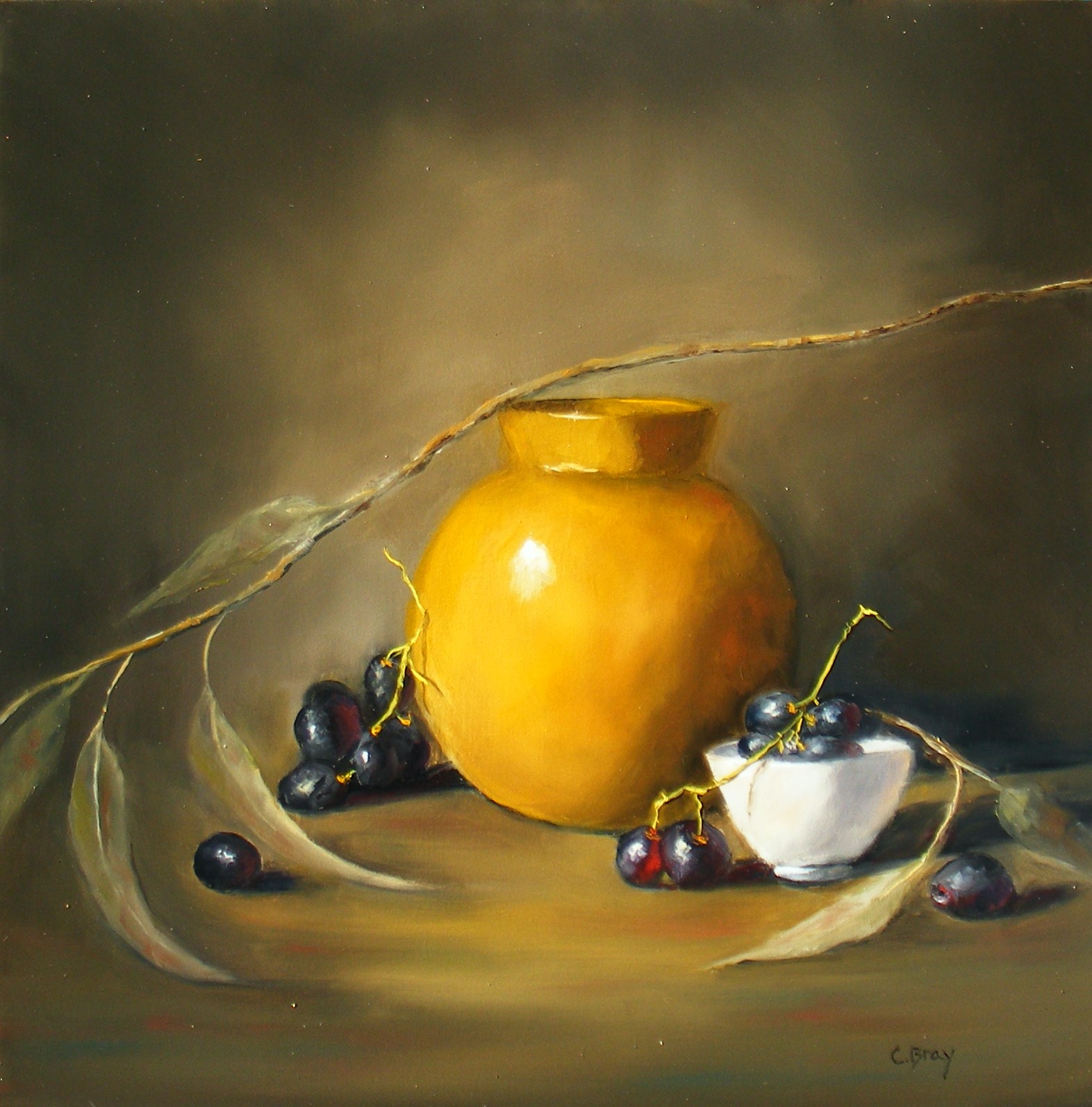 CHRISTINE BRAY Dried Leaves with Gold Vase 12 x 12 on Panel